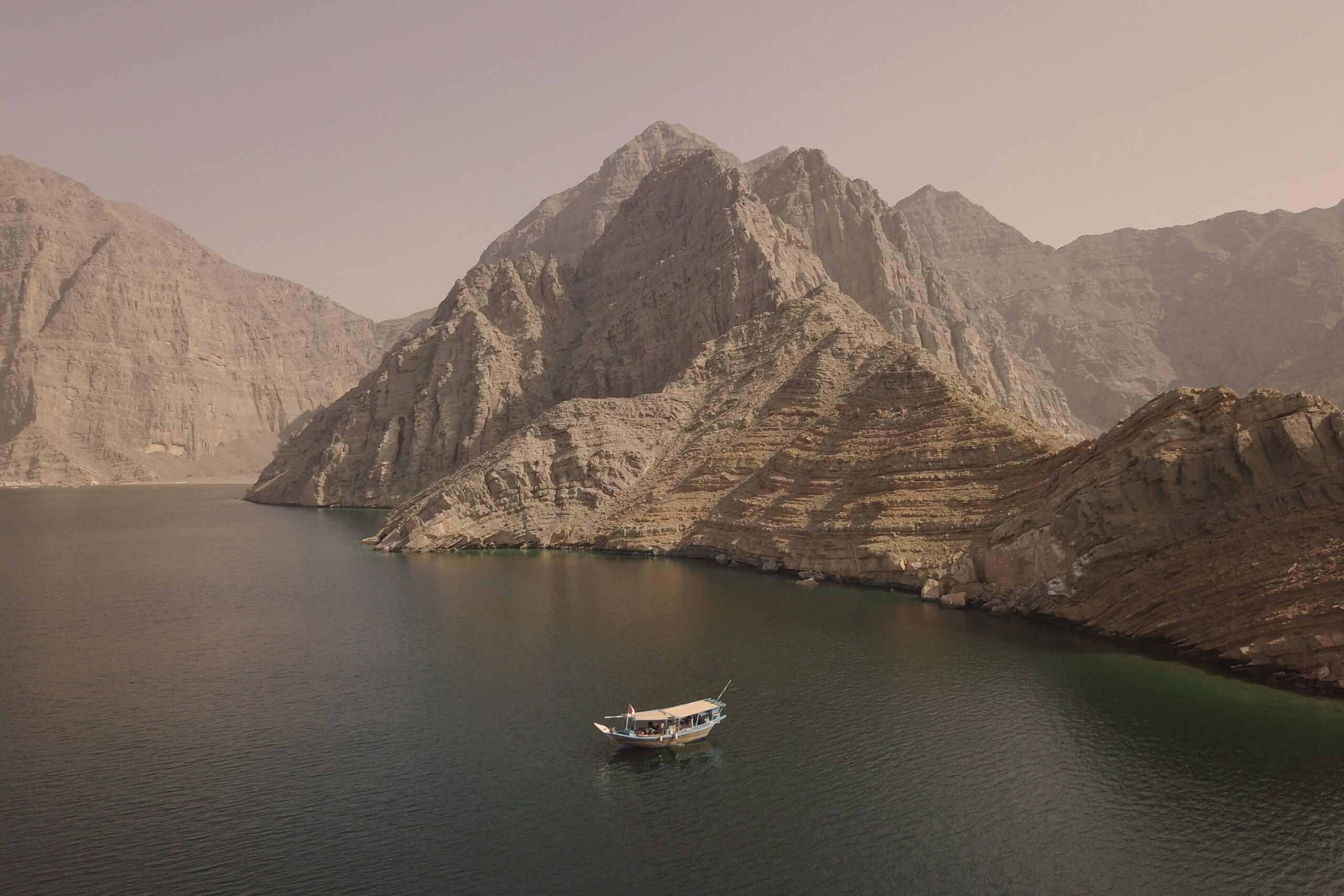 Musandam Fjords Drone shot Oman Khasab Dhow Cruise